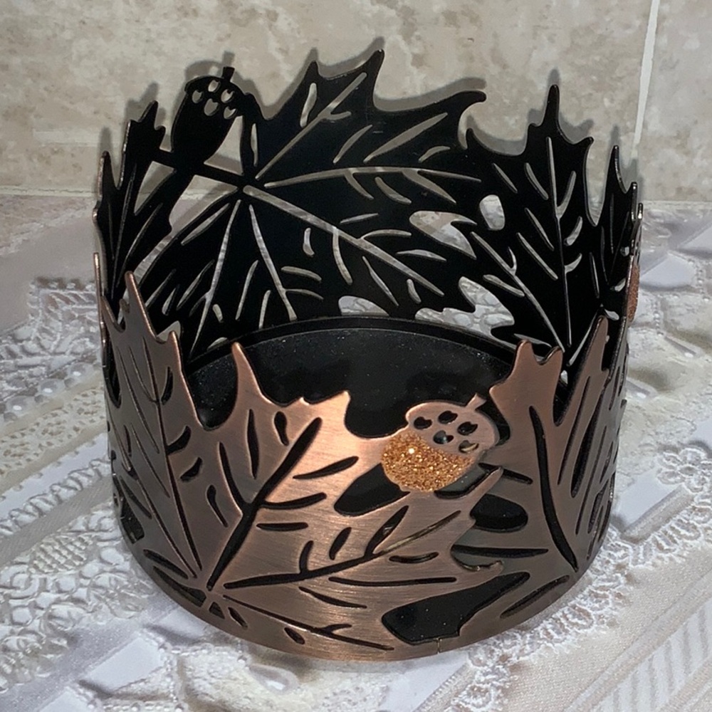 Sonoma Fall Leaf Candle Holder Glittering Acorns Rustic Cut Out Farmhouse Metal